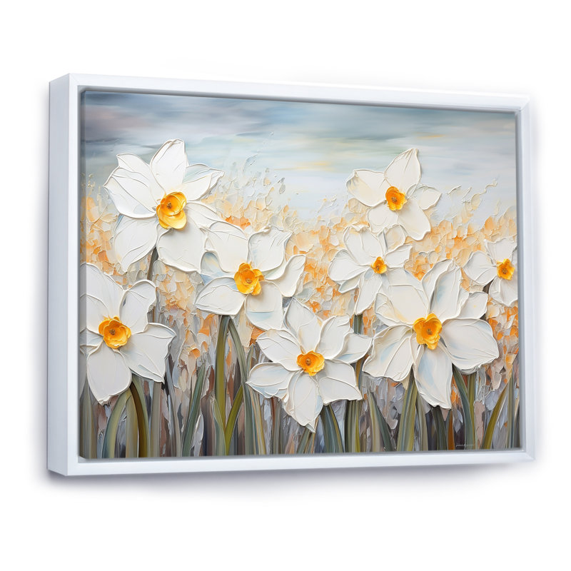 «Daffodils Tranquility Floral Field II», reproduction sur toile, Cadre flottant blanc, H 12 po x l 20 po