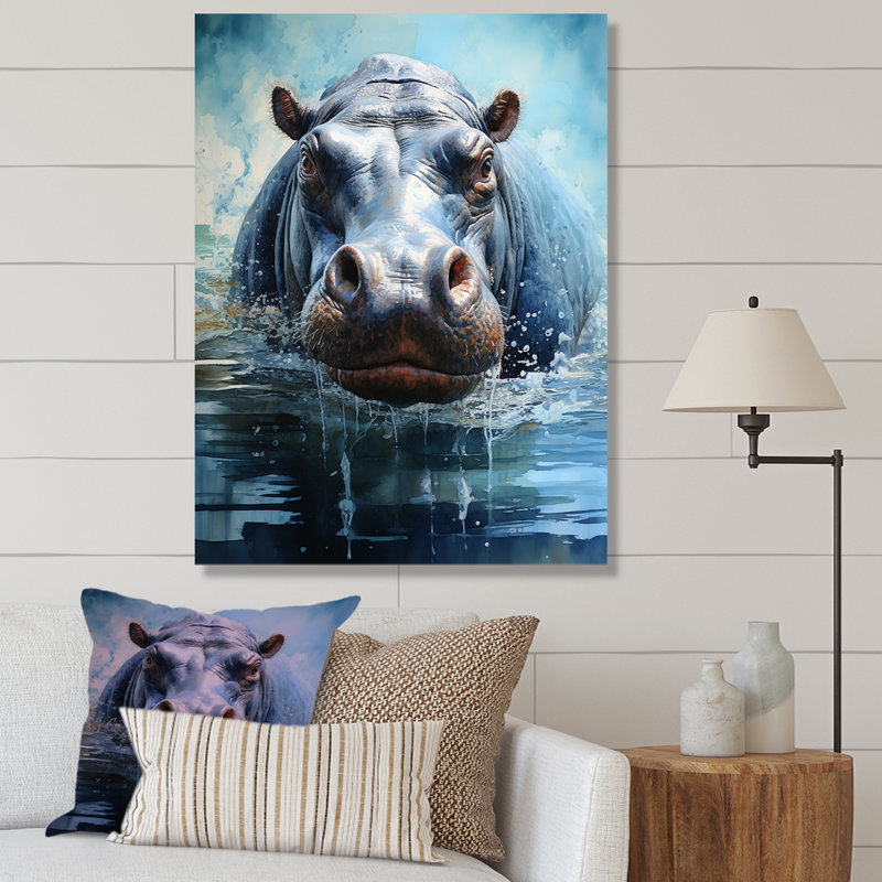 «Grey Powerful Hippo Waters Reflect III - Hippopotamus», art mural, Toile tendue, 32" H x 16" W