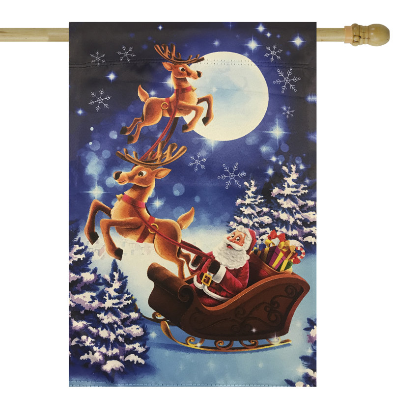 Santa and Reindeer Sleigh Ride Blue Winter Garden Flag