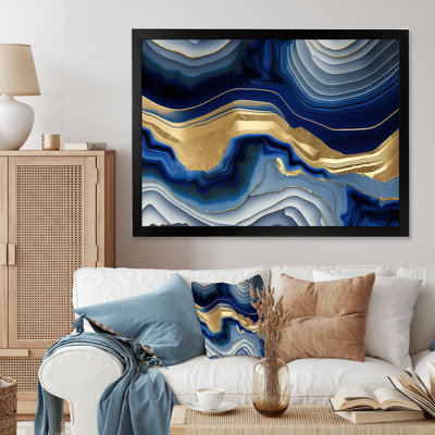 «Vibrant Blue and Gold Flow Art I», reproduction d'art sur toile encadrée transitionnelle abstraite