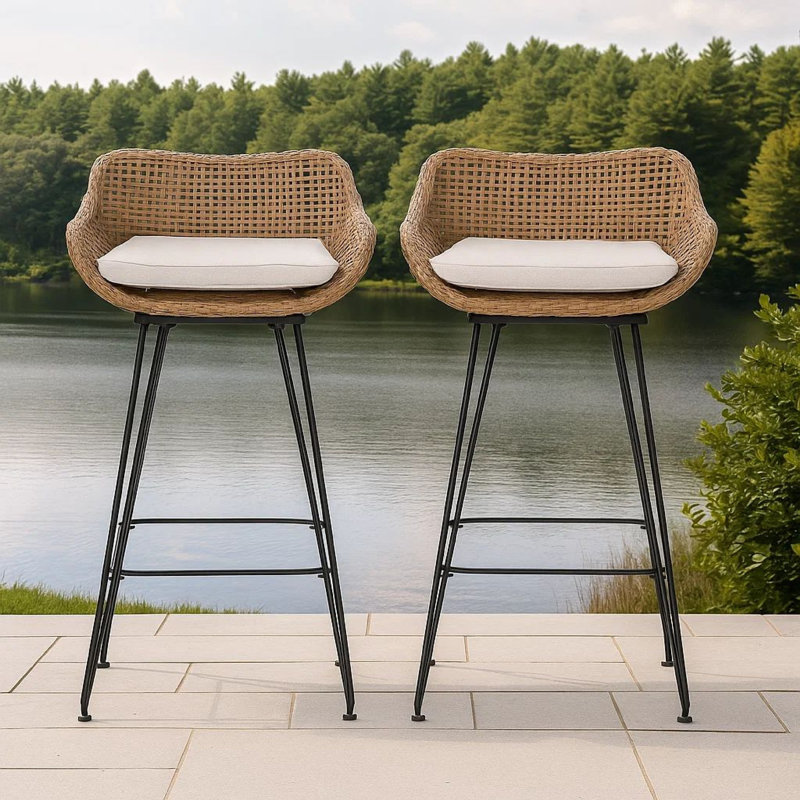 Ensemble de 2 tabourets d'extérieur, tissu beige, rotin brun, noir
