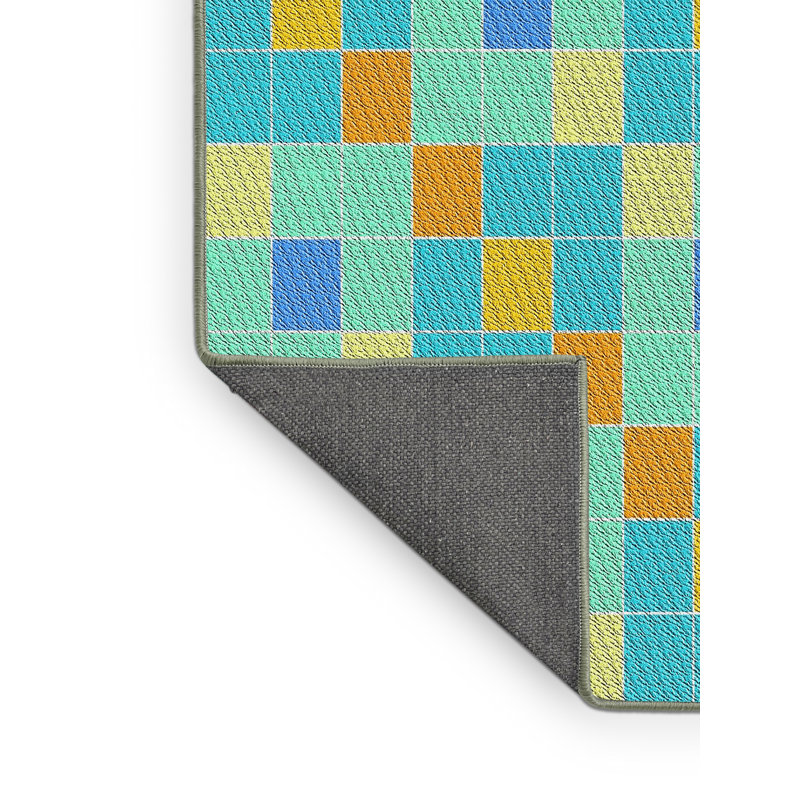 Tapis bleu / brun en laine et polyester tissé à la machine à motif géométrique, Rectangle 5 pi x 7 pi
