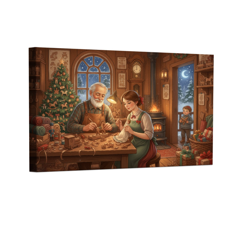 Scène d'atelier de Noël avec famille, ensemble de 3 impressions sur toile, H 24 po x l 36 po
