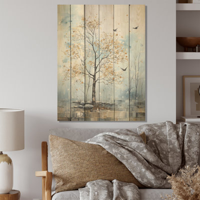 Soft Blue Tones Maple Tree I - Tree Maple Wood Art On Natural Pine Wood