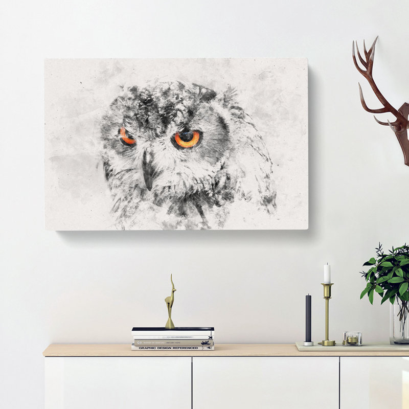 Orange Eyed Owl Watercolour - Wrapped Canvas Print, 50cm H x 76cm W x 3cm D