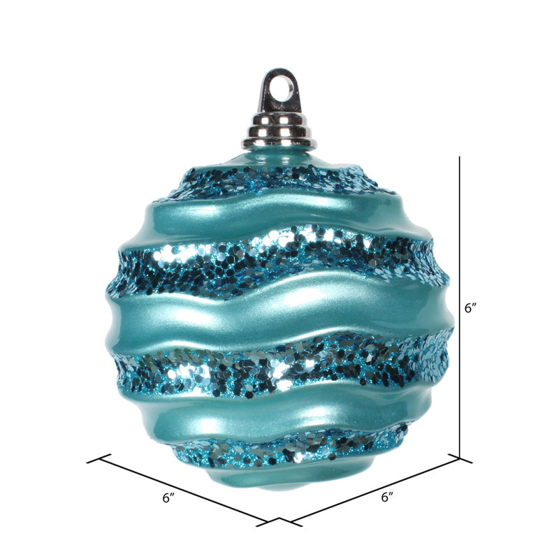 Ornement de Noël boule rayée et scintillante, H 6 po x l 6 po x P 6 po, Turquoise