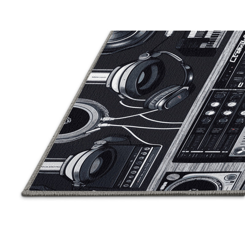 Washable Headphones and Modern Music Tech Music Area Rug, Round 5'