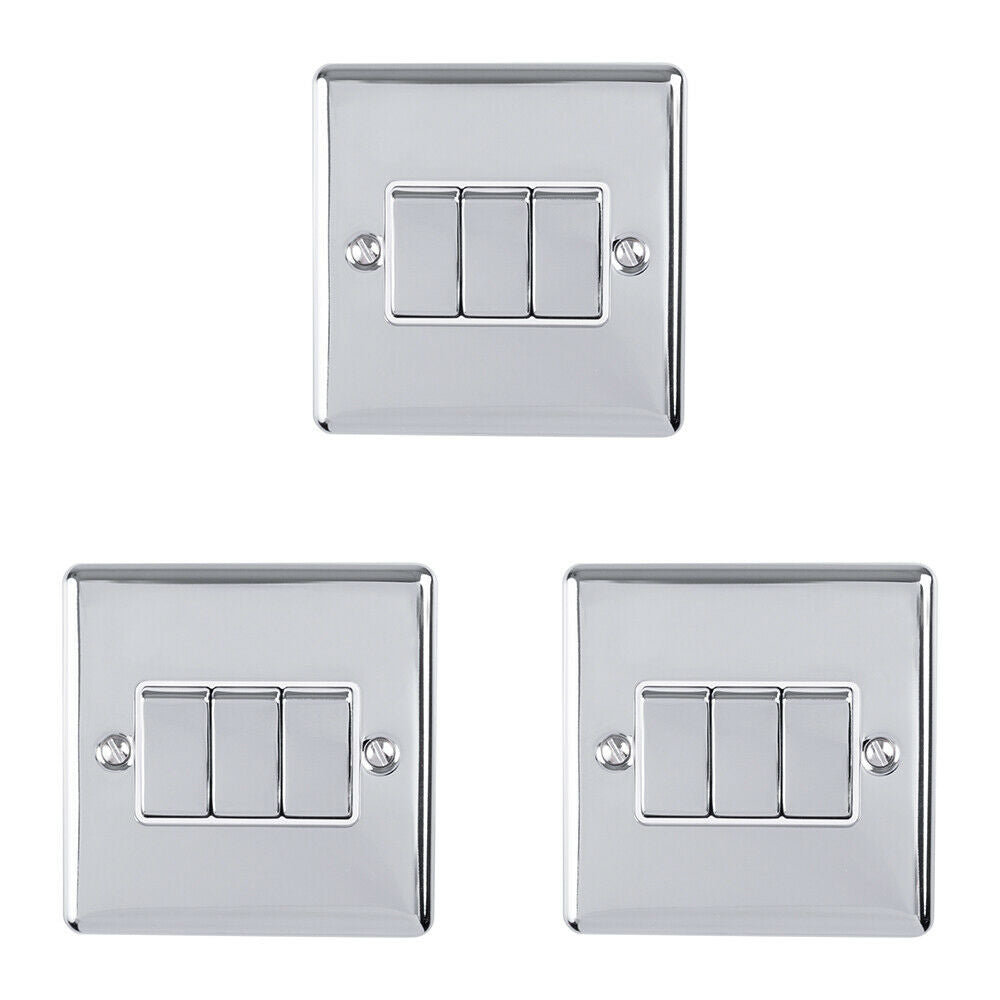 3 PACK 3 Gang Triple Metal Light Switch SATIN STEEL 2 Way 10A Black Trim