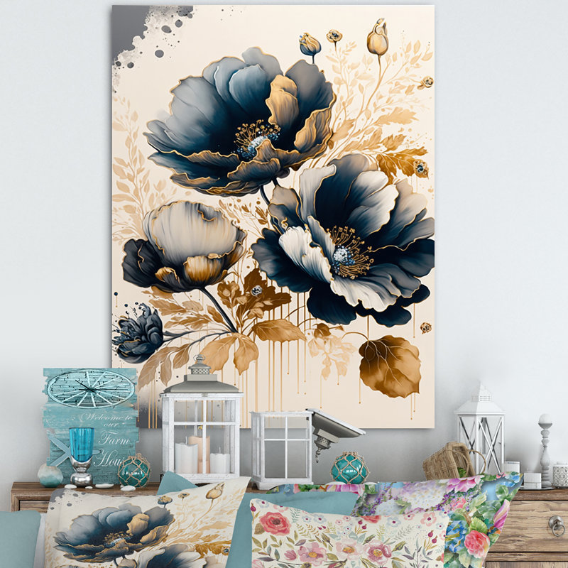 Bleu marine et coquelicots dorés II - reproduction sur toile, H 32 po x l 16 po x P 1 po, Toile tendue