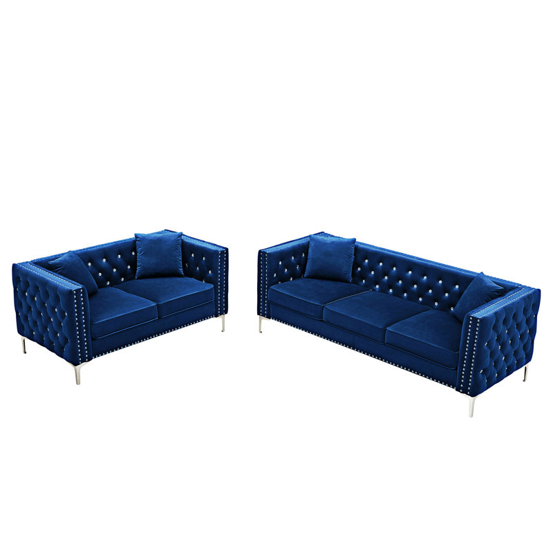 Ensemble de salon moderne 2 pièces avec canapé et causeuse, Bleu