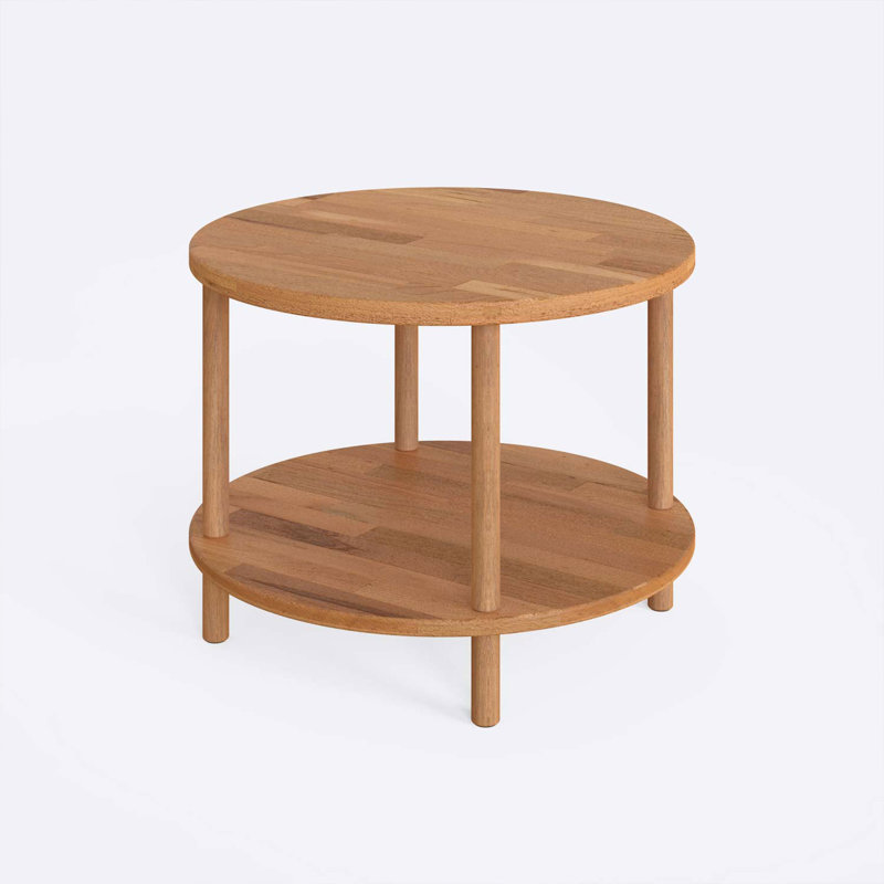 Petite table basse ronde en bois massif avec tablette Lynn - Solution de rangement compacte et élégante
