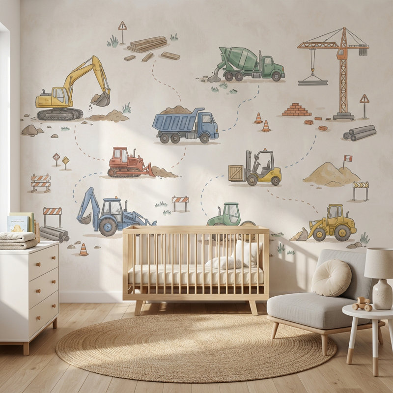 Mur de véhicules de construction, Peler et coller, 200 po x 120 po
