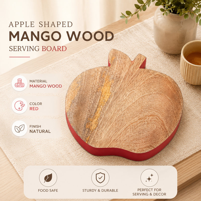Apple-Shaped Mango Wood Serving Board with Coloured Edge – Wooden Cheese & Charcuterie Board, 24 cm