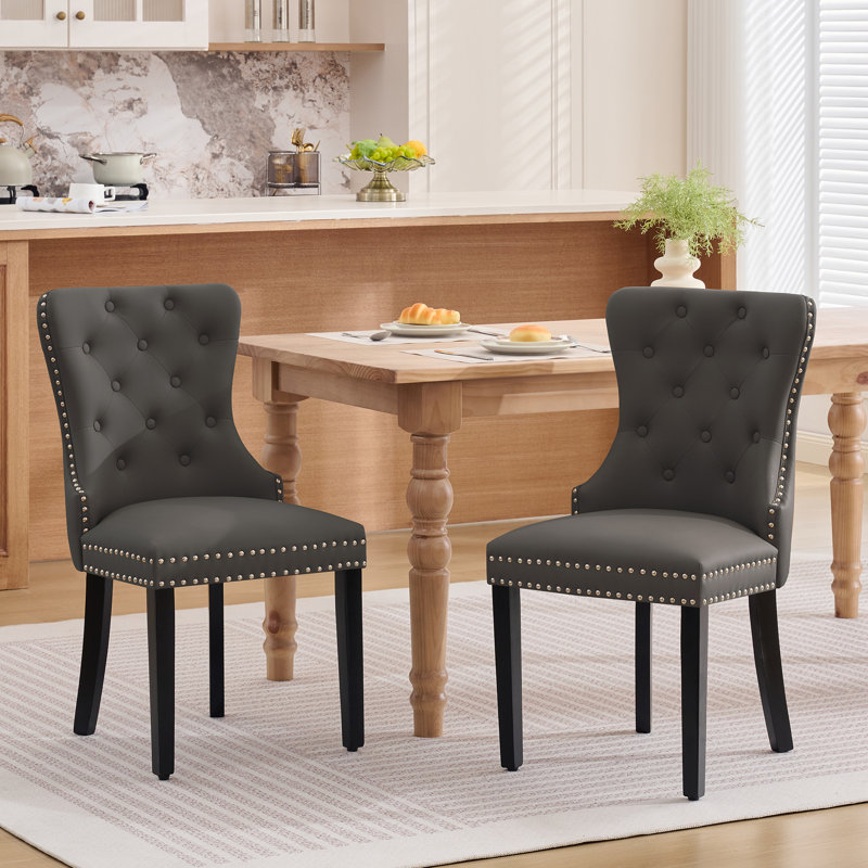 Modern Tufted Leather Dining Chairs With Solid Wood Legs (Set of 2), Dark Gray