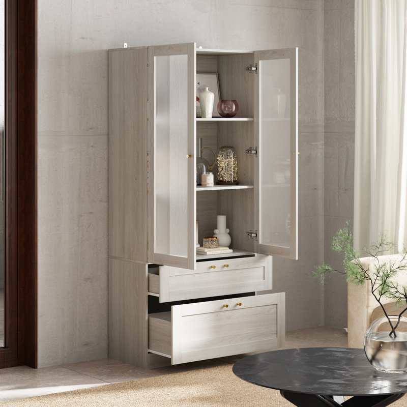 Elegant Glass Display Cabinet With Gold Handles And Storage Drawers