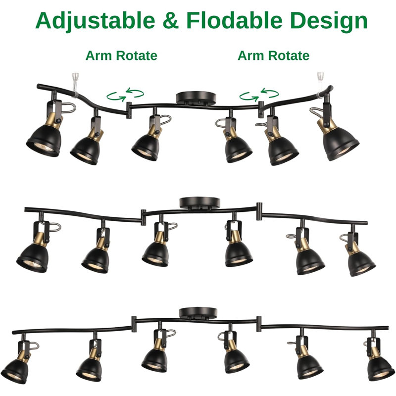 6 Light Foldable Track Lighting Kit Matt Black Brass Finish Adjustable With Moden Ceiling Flush Mount Spotlight
