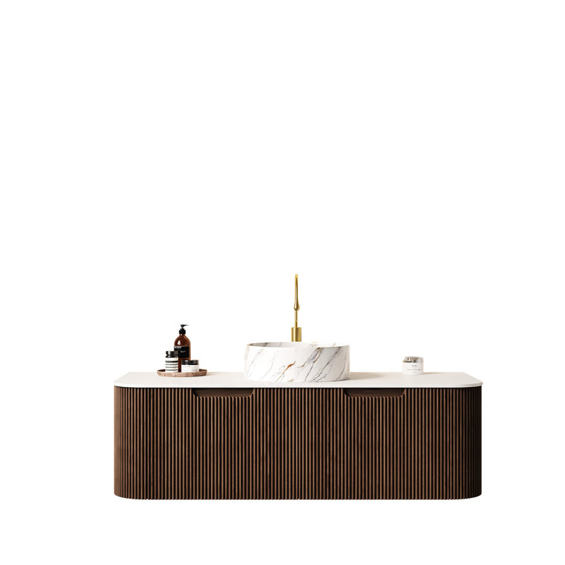 Meuble-lavabo 48 po, lavabo rond en céramique blanche, motif de pierre, noyer foncé, 2 tiroirs, système de fermeture en douceur, rangement généreux, meuble-lavabo à installation facile avec lavabo, finition, pré-assemblé, fermeture,
