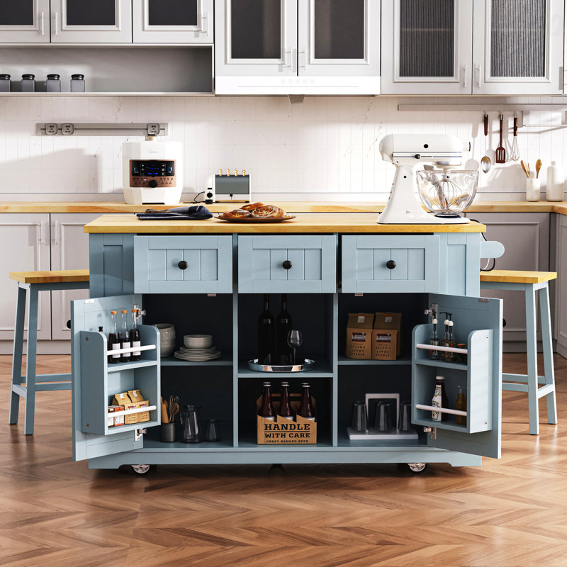 53Inch Large Kitchen Island With 2 Bar Stools,Power Outlet,Door Internal Storage Rack,Kitchen Storage Cart On 5 Wheels With Drop Leaf,5 Open Side Racks,3 Drawers (Three Packages)