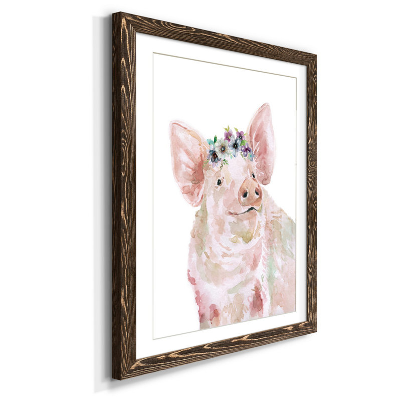Cochon couronne de fleurs - Reproduction d'art sur papier encadré, Noyer, H 37,5 po x l 27,5 po x P 1,5 po