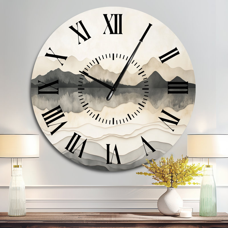 Horloge murale minimaliste en métal silencieux « Horizon de montagne avec pics II », Surdimensionné