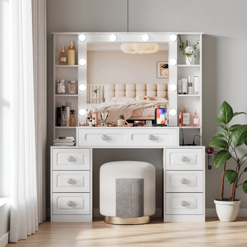 Bureau de coiffeuse avec miroir et lumières, coiffeuse avec miroir éclairé et station de charge