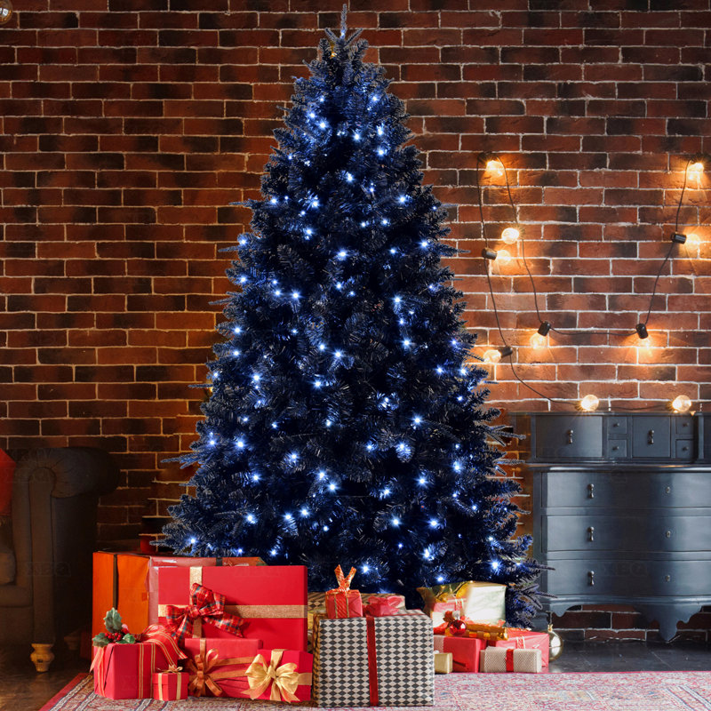 Arbre de Noël artificiel à charnière 6 pi noir, 350 lumières DEL blanches, 1460 pointes PE + PVC, support en métal stable