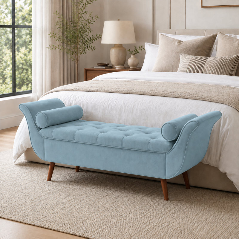 Velvet Upholstered Storage Bench, Blue