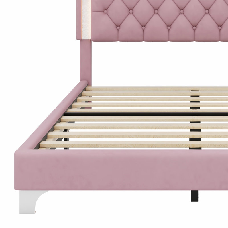 Structure de lit tapissier avec lumières DEL, lit plateforme moderne avec tête de lit capitonnée, Rose