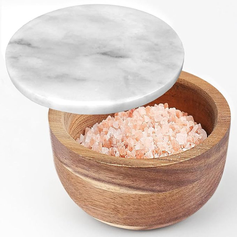 Grande boîte à sel en bois avec cuillère à sel et cuillère à sel Porte-sel en acacia naturel massif Couvercle en marbre