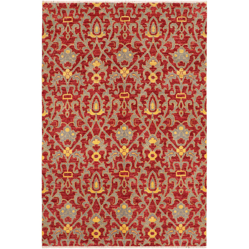 Tapis unique rouge / gris 6 pi x 8 pi 7 po années 2000 par Arshs Fine Rugs