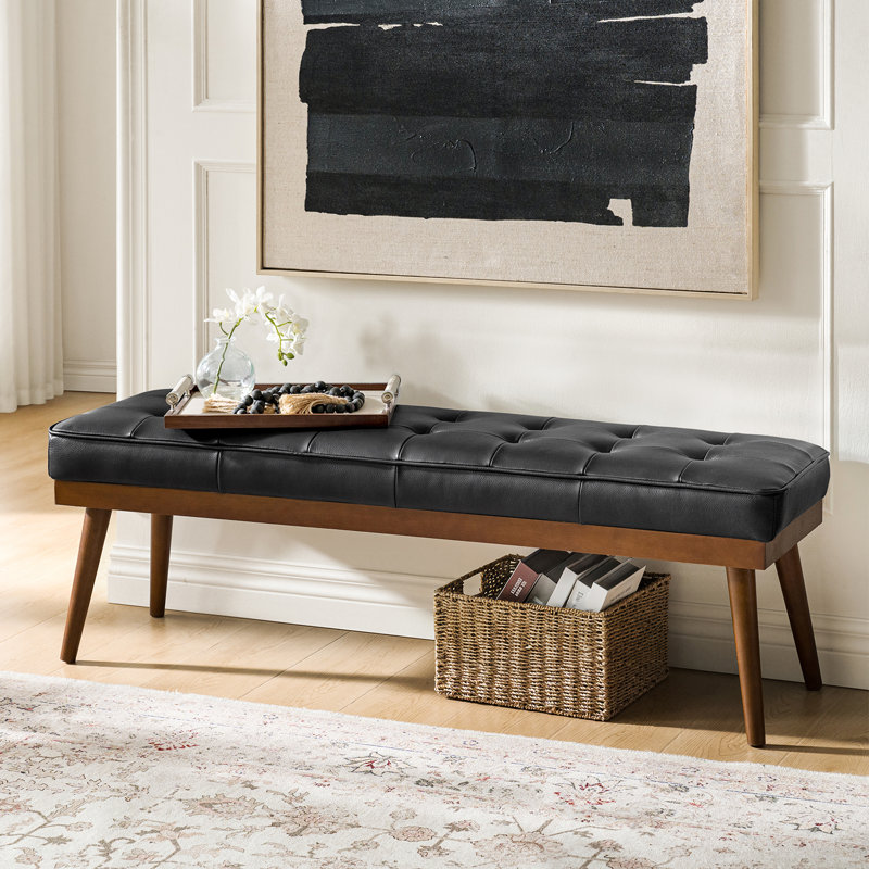 Bittoo Mid-century Genuine Leather Upholstered Bench, Black