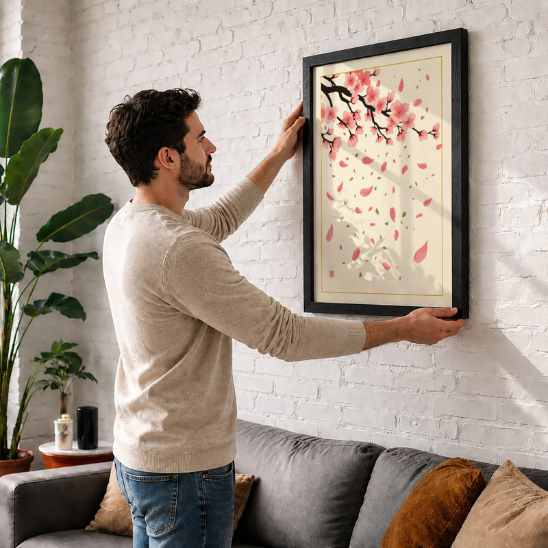 Cherry Blossom Drift Botanical - Framed Print, A4 - 29.7 x 21.0 cm, White