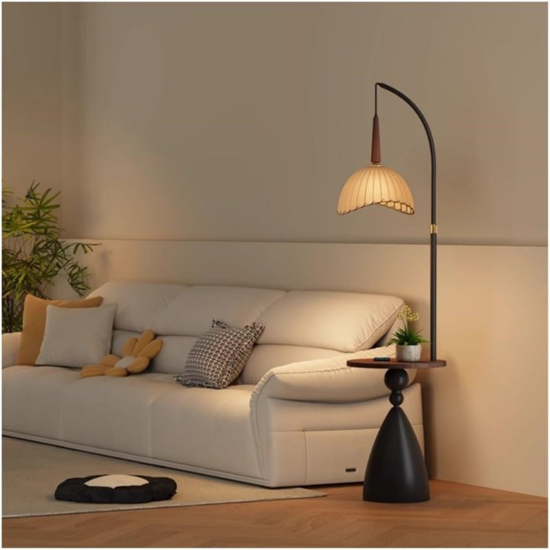 Lampe sur pied en fer avec cadre en noyer, éclairage multifonctionnel rétro intégré pour les tablettes du salon et de la chambre à coucher