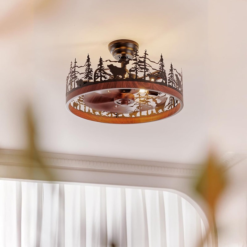 Farmhouse Rustic Ceiling Fan With Light And Remote, 21.7" Flush Mount Enclosed Bladeless Black Chandelier Fan With Forest And Bear, Reversible Fandelier Ceiling Fan For Living Room Bedroom