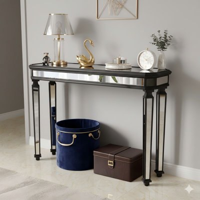 Sophisticated Black Mirror Console Table With An Ornate Vintage Woodgrain Carving Design, Adding A Touch Of Grandeur To Entryways, Sofa Backs, Or Living Rooms. Dimensions: 48'' Wide, 32.3'' High, 18'' Deep.