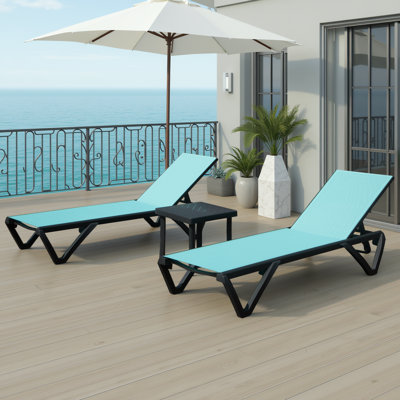 Ensemble 3 pièces de chaises longues d'extérieur réglables avec table d'appoint, fauteuils inclinables en aluminium bleu lac