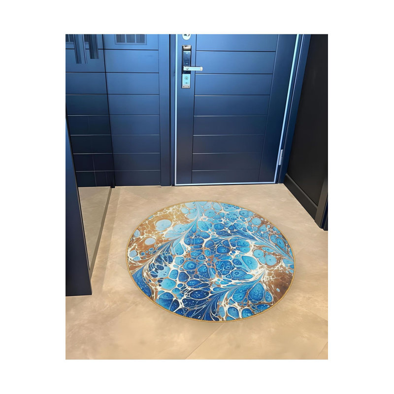 Tapis bleu lavable à motif abstrait rond bleu, Rond 3 pi 3 po