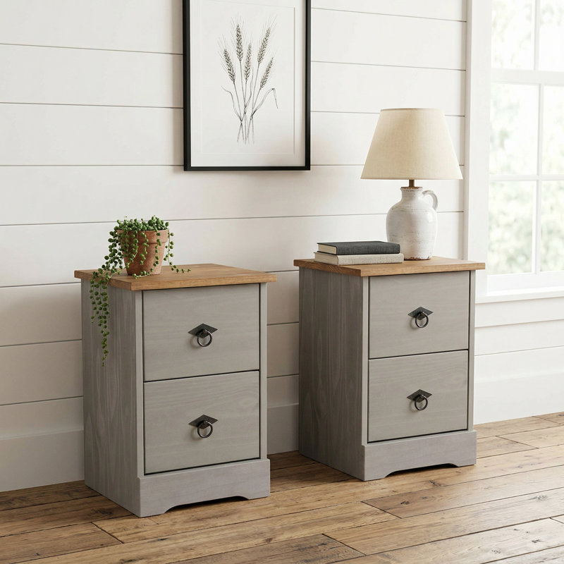 Set of 2 Corona Grey Modern 2-Drawer Bedside Cabinets Petite