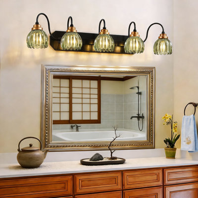 Luminaire de meuble-lavabo de salle de bain rétro à 5 lumières avec abat-jour en verre vert, éclairage mural style campagne Mid-Century pour miroir, chambre à coucher et salon