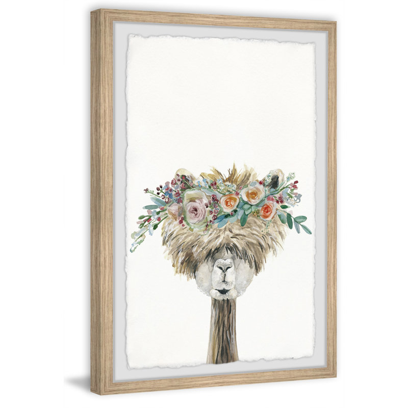 Jarod Laid-back Flower Crowned Llama - Single Picture Frame Painting, 45cm H x 38cm W