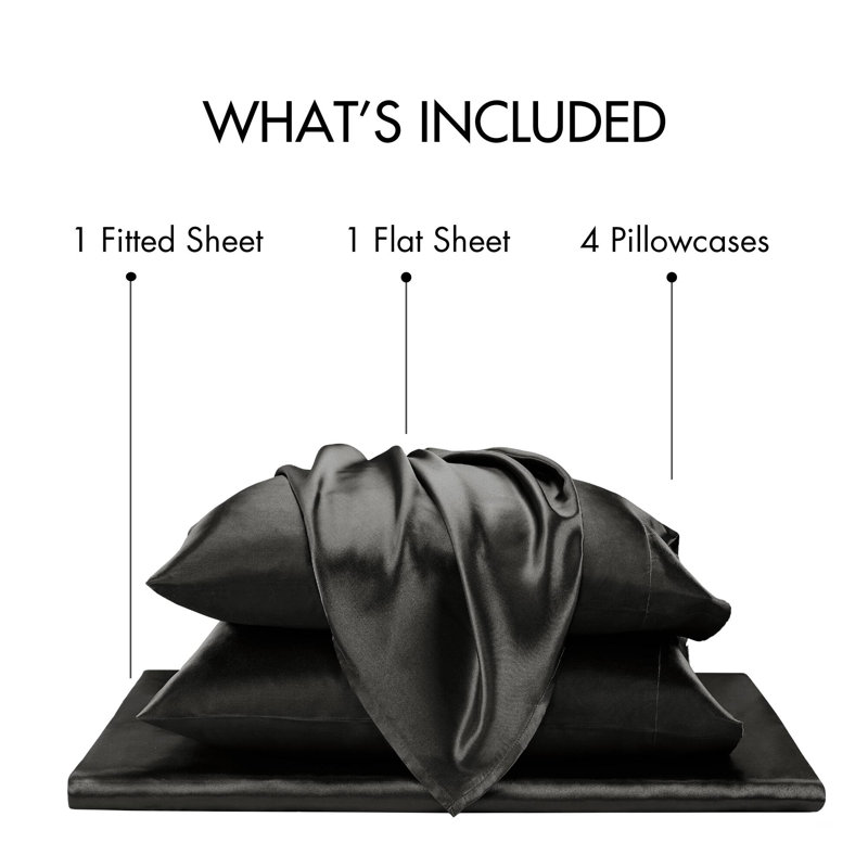Satin Wrinkle Resistant Luxury Sheet Set, Black, Queen Sheet Set + 4 Standard Pillowcases