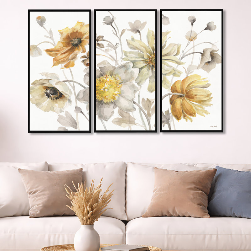 Fields of Watercolor Flower VII - 3 pièces, reproduction sur toile, Noir, noir, noir, noir, H 28 po x l 36 po