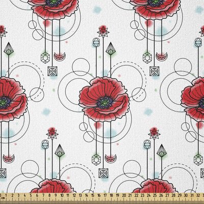 Ambesonne Tattoo Fabric By The Yard, Red Poppy Flowers With Geometric Details Arrows And Circles Watercolor Boho Fashion,Square -  East Urban Home, F3B89D951B43456D85A65781D04B13FD