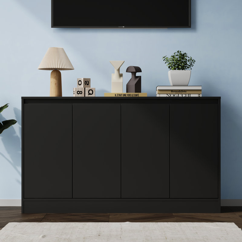 Buffet Cabinet With Storage, Coffee Bar Cabinet With 4 Doors And Adjustable Shelf, Modern Kitchen Buffet Sideboard For Living Room, Kitchen, Black