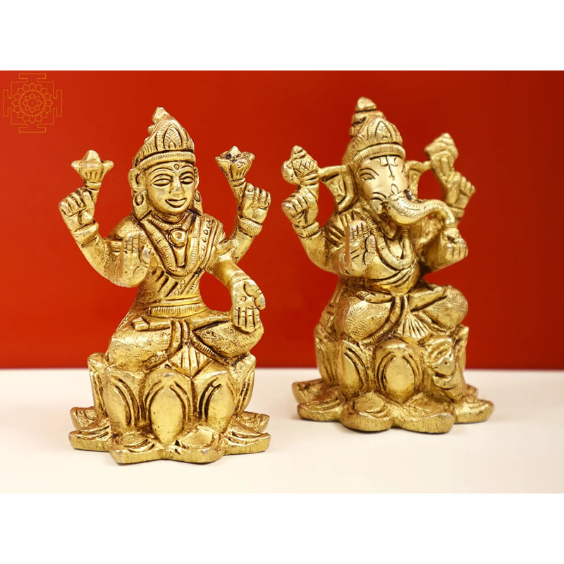 Petite statue de Lakshmi Ganesha en laiton de 3 po - divinités indiennes fabriquées à la main assis sur un lotus pour des décorations spirituelles
