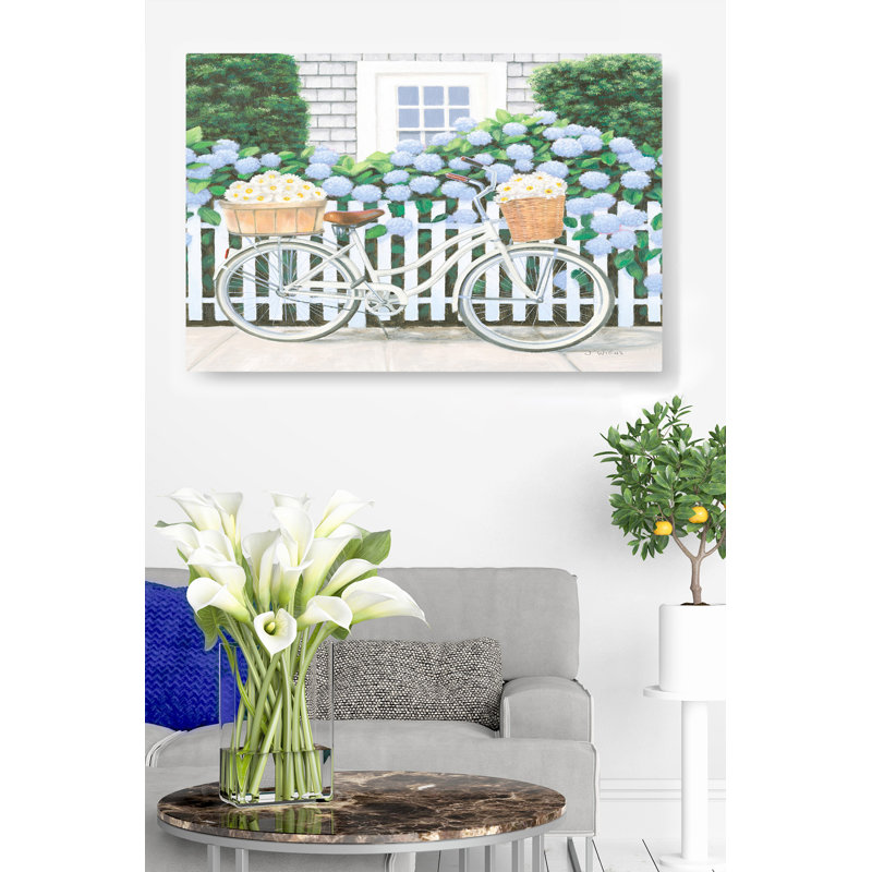 Vélo avec paniers à fleurs, clôture blanche, marguerites, Lillies, H 50 po x l 26 po x P 1,5 po
