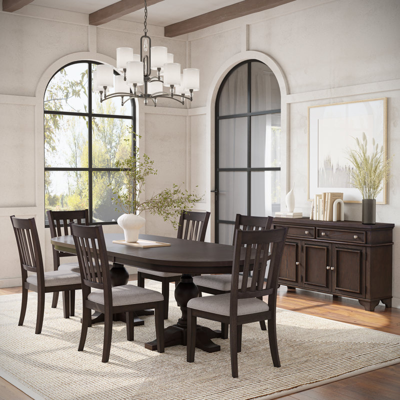 Ledbetter 7 Piece Double Pedestal Transitional Modern Dining Set - Dark Brown, Dark Brown
