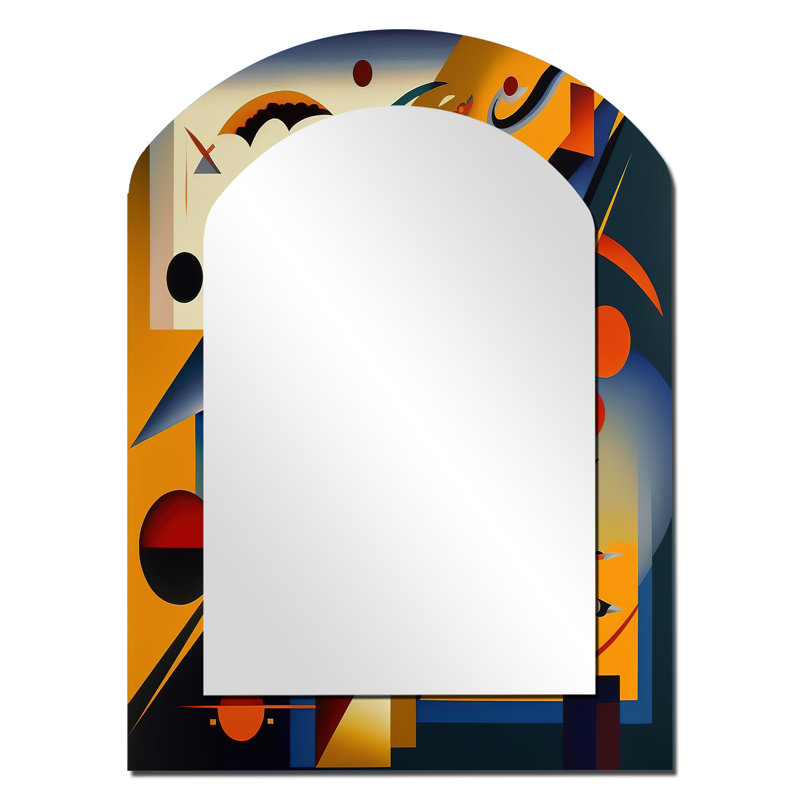 Multicolor Geometric Orange Shapes IV - Geometric Arch Wall Mirror, Modern Asymmetrical Decorative Mirror, Printed Metal Art