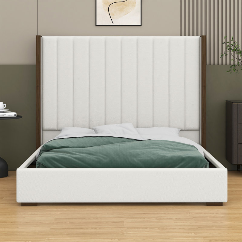 Tall Headboard Upholstered Bed With Vertical Striped And Wingback Design