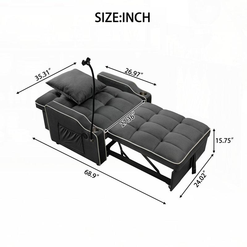 Canapé-lit convertible 3-en-1 avec dossier réglable et design multifonctionnel pour la vie moderne, Noir